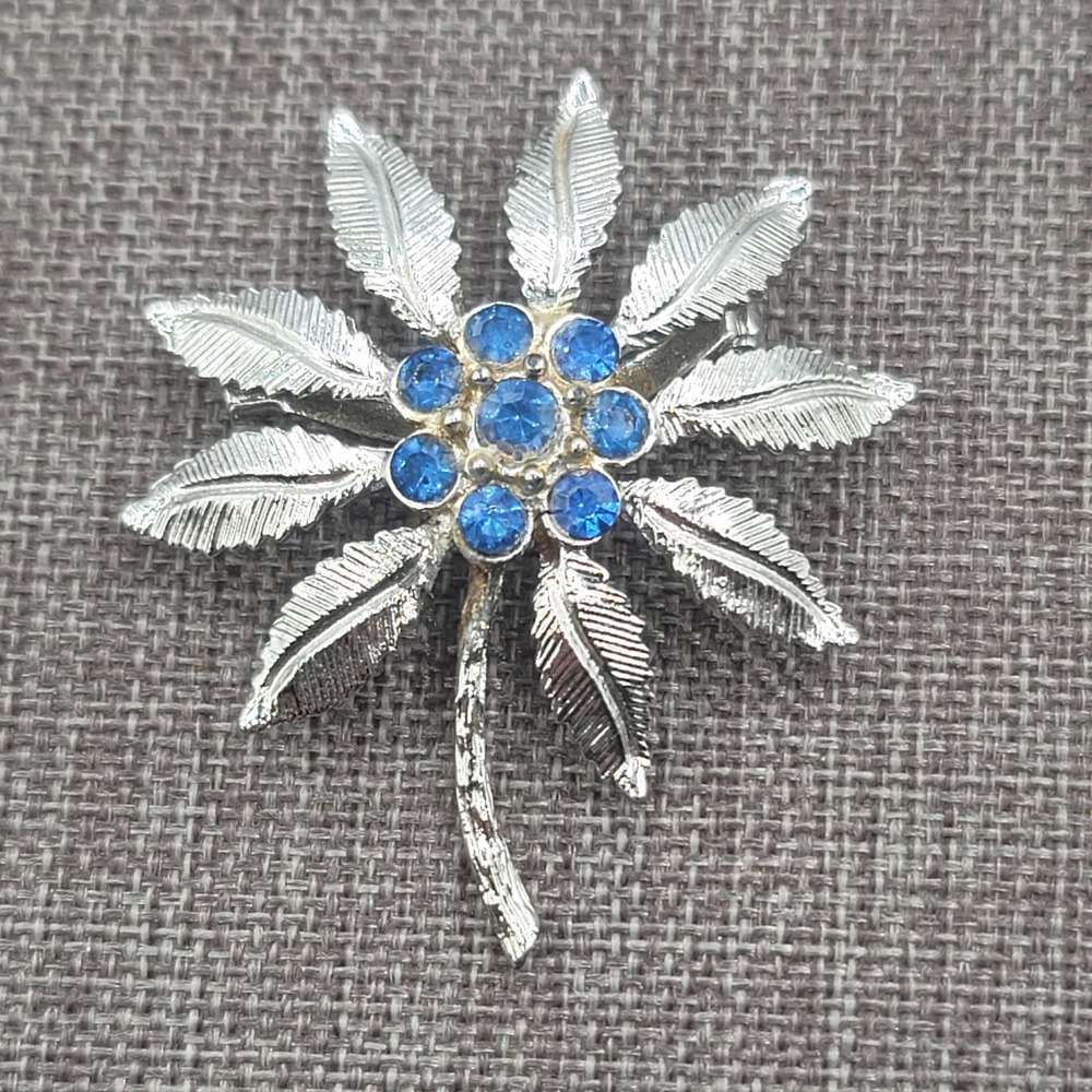Vintage Blue Rhinestone Brooch Silver Tone